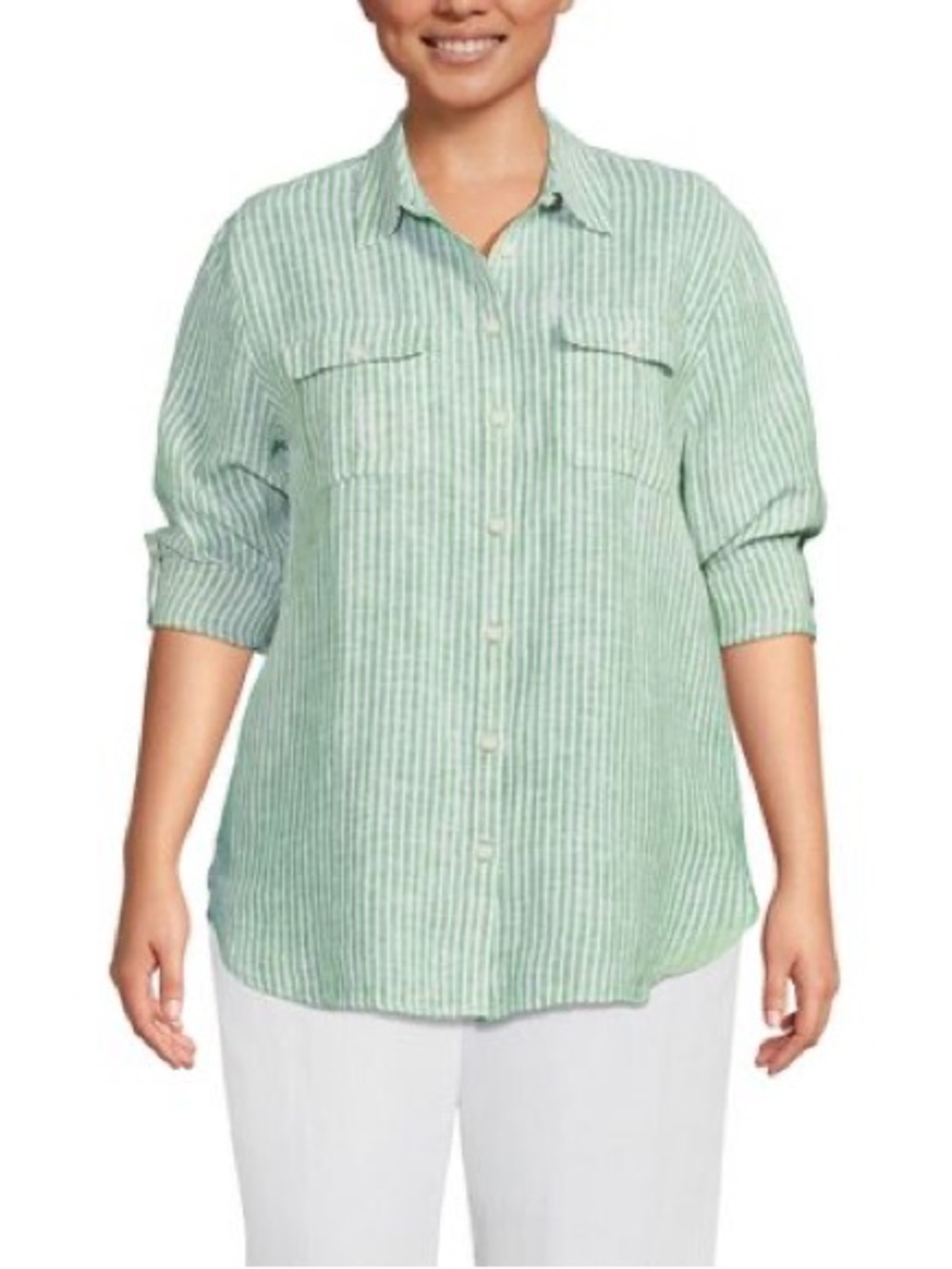 Lands’ End 100% Linen Striped Tunic Shirt Women’s Plus 3X Roll Tab Sleeve Green